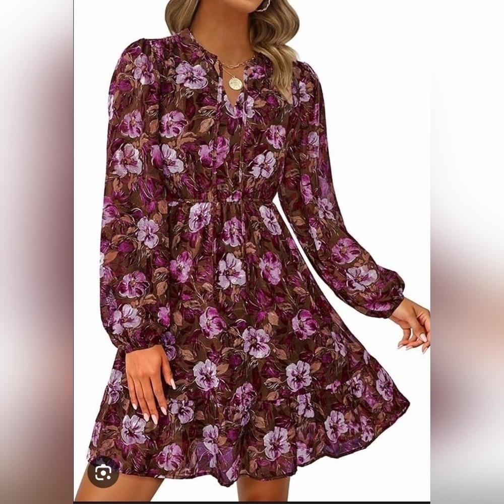 Elegant Floral Long Sleeve Dress in Purple and Brown